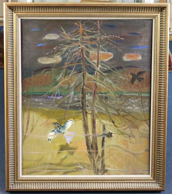 § David McClure (1926-1998) Birds over the Tay in winter, c.1965, 29.5 x 24.5in. Provenance: The Scottish Gallery, David McClure Memori